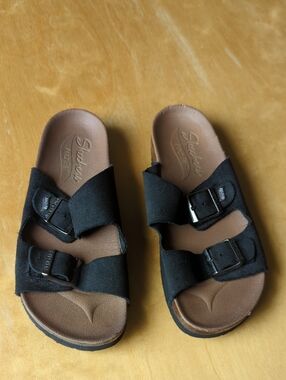 Skechers Black Slide Sandals with Brown Footbed and Buckles With ArchFit